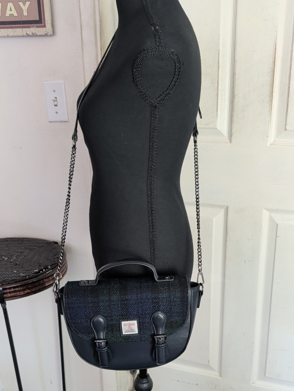 Islander Harris Tweed Navy Blue Wool-Blend Satchel with Leather Trim